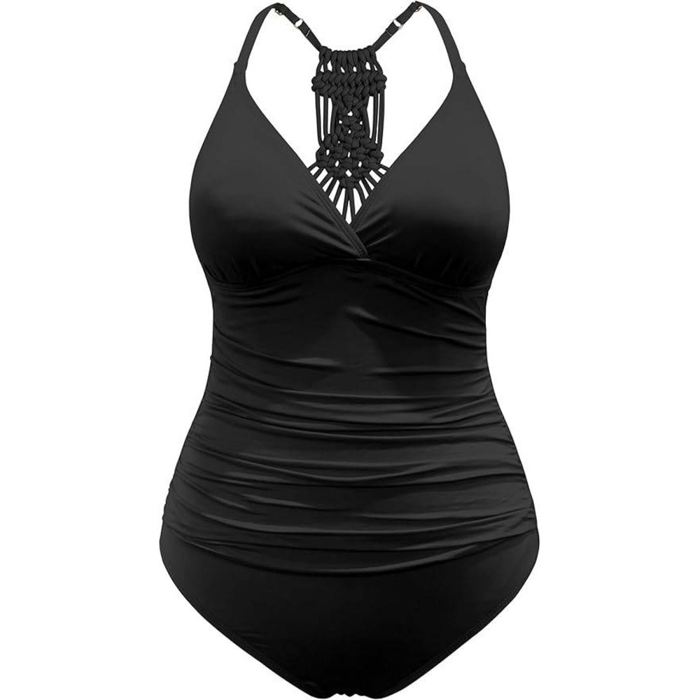 One Piece Swimsuit Black Macrame Racerback Ruched Women Size 6